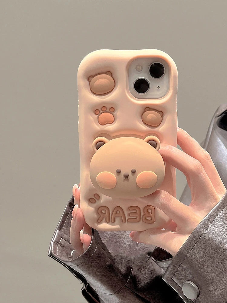 Lovely 3D Bear Hidden Holder Stand Silicone Phone Case For iPhone