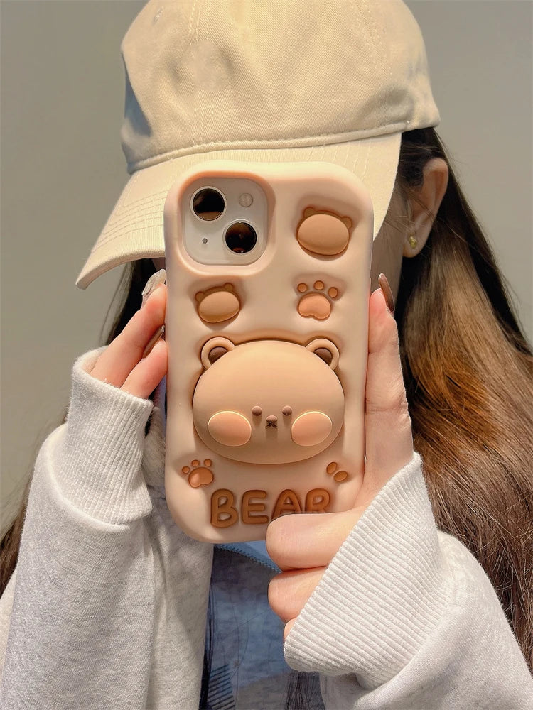 Lovely 3D Bear Hidden Holder Stand Silicone Phone Case For iPhone