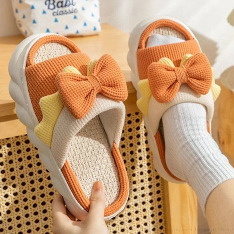 Comfy Bowknot Linen Slippers for Women - Anti-Slip House Shoes for Spring and Summer - Anti-Slip House Shoes for Spring and Summer