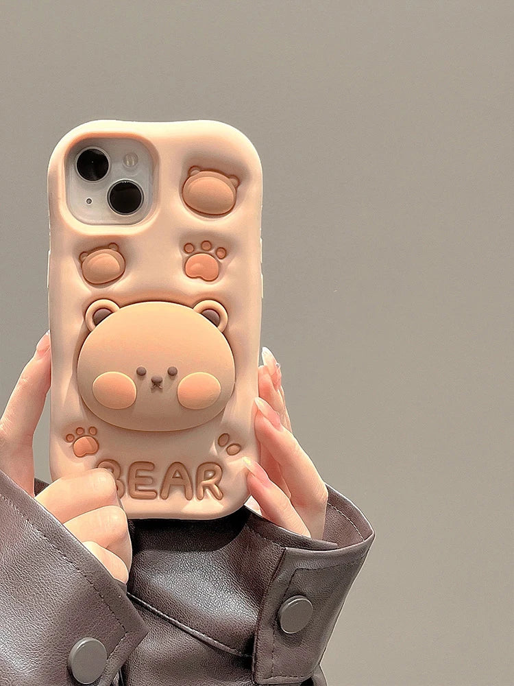 Lovely 3D Bear Hidden Holder Stand Silicone Phone Case For iPhone