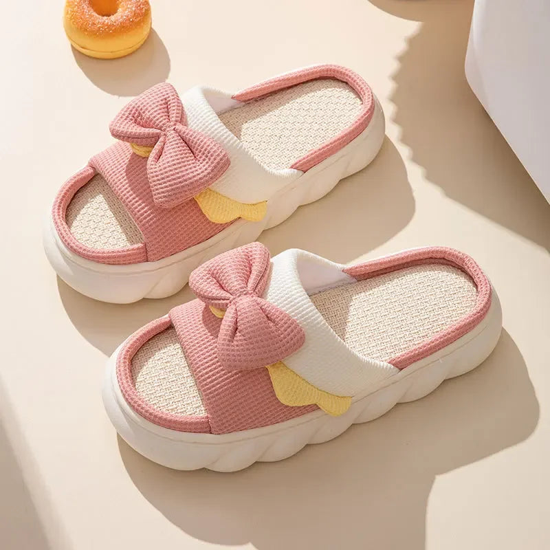 Comfy Bowknot Linen Slippers for Women - Anti-Slip House Shoes for Spring and Summer - Anti-Slip House Shoes for Spring and Summer