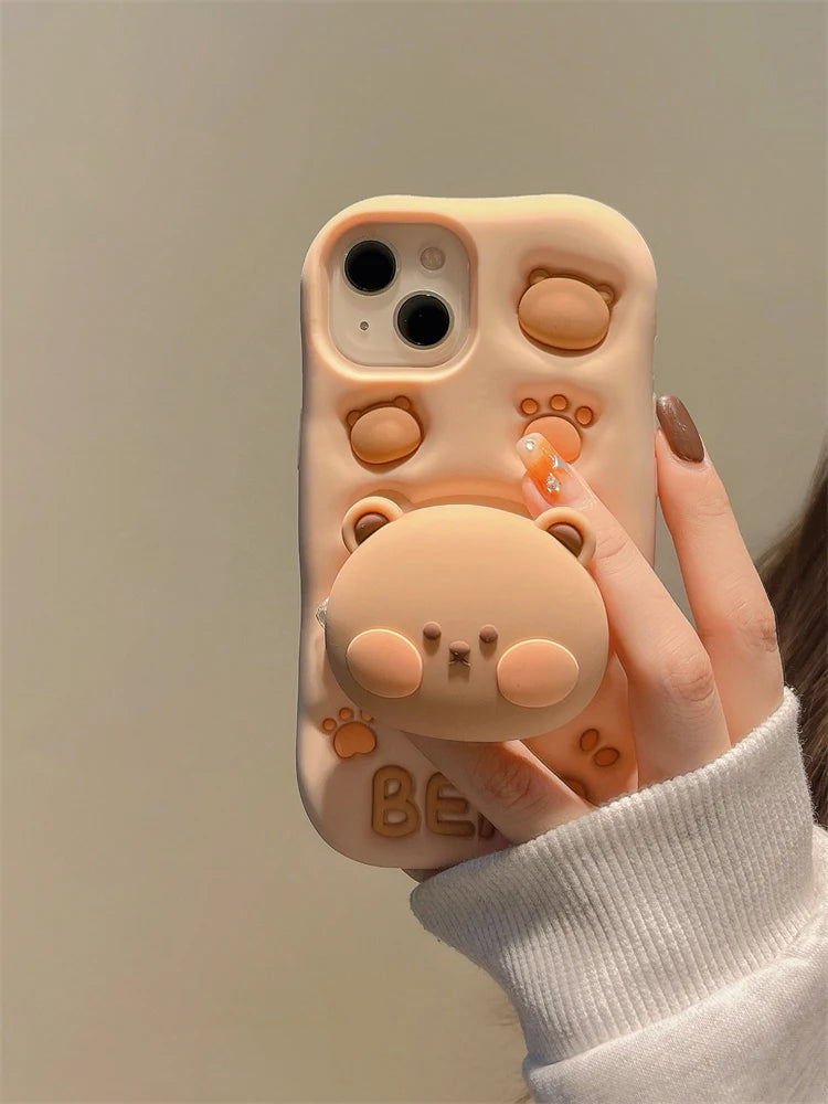 Lovely 3D Bear Hidden Holder Stand Silicone Phone Case For iPhone