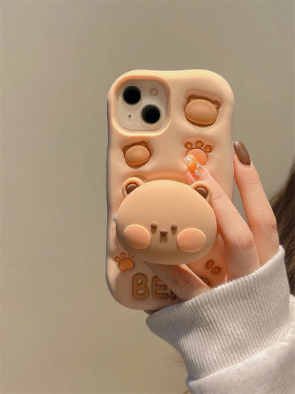 Lovely 3D Bear Hidden Holder Stand Silicone Phone Case For iPhone