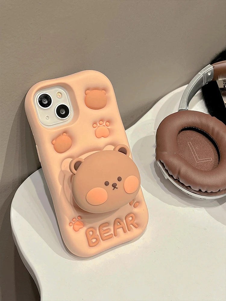 Lovely 3D Bear Hidden Holder Stand Silicone Phone Case For iPhone