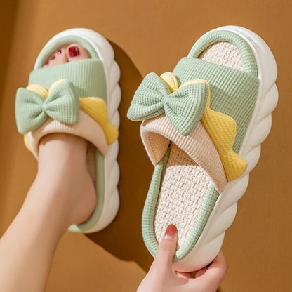 Comfy Bowknot Linen Slippers for Women - Anti-Slip House Shoes for Spring and Summer - Anti-Slip House Shoes for Spring and Summer