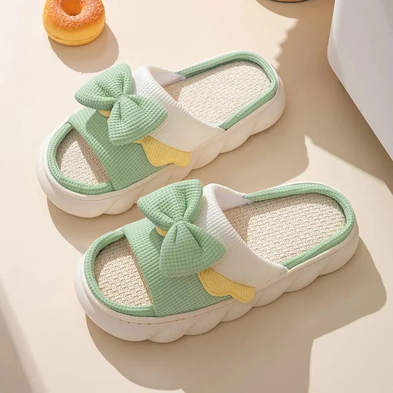 Comfy Bowknot Linen Slippers for Women - Anti-Slip House Shoes for Spring and Summer - Anti-Slip House Shoes for Spring and Summer