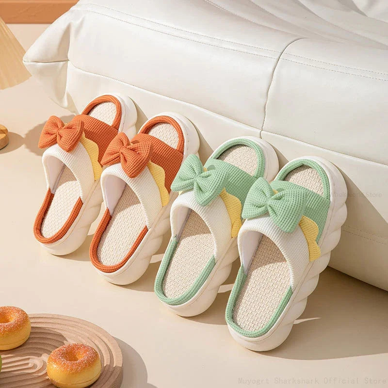 Comfy Bowknot Linen Slippers for Women - Anti-Slip House Shoes for Spring and Summer - Anti-Slip House Shoes for Spring and Summer